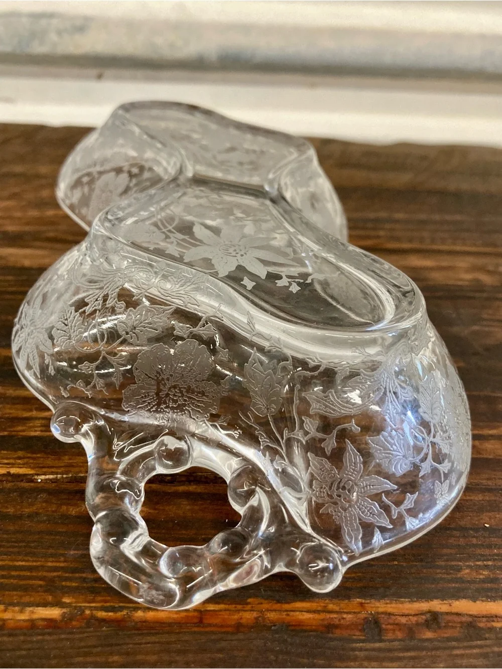 Clear Glass Wildflower Etched Glass Relish Dish Cottage Core 2 Section
